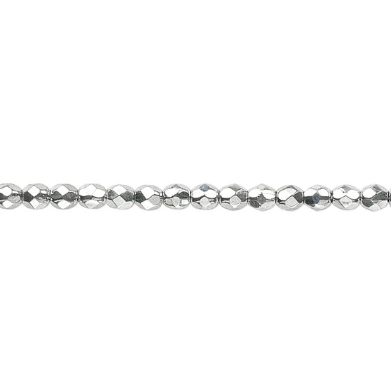 3mm - Czech - Metallic Silver - Strand (approx 130 beads) - Faceted Round Fire Polished Glass