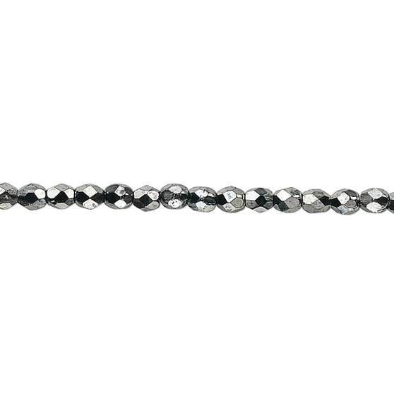 3mm - Czech - Opaque Hematite - Strand (approx 130 beads) - Faceted Round Fire Polished Glass
