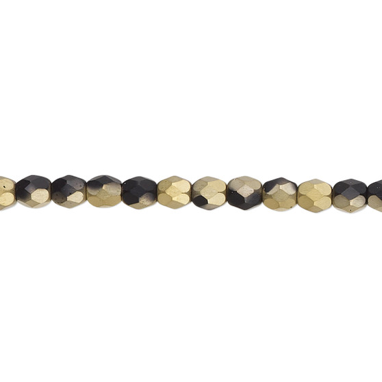 4mm - Czech - Opaque Black half coated Matte Gold Amber - Strand (approx 100 beads) - Faceted Round Fire Polished Glass