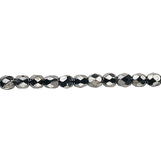 4mm - Czech - Opaque Hematite - Strand (approx 100 beads) - Faceted Round Fire Polished Glass