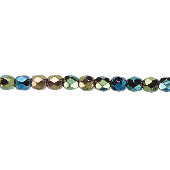 4mm - Czech - Opaque Iris Green - Strand (approx 100 beads) - Faceted Round Fire Polished Glass