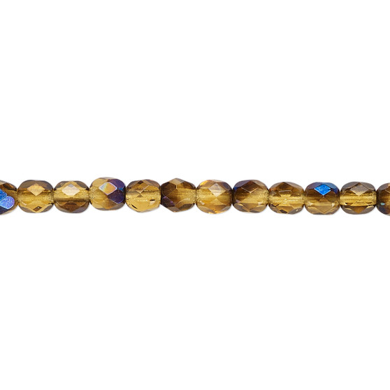 4mm - Czech - Honey Blue Iris - Strand (approx 100 beads) - Faceted Round Fire Polished Glass