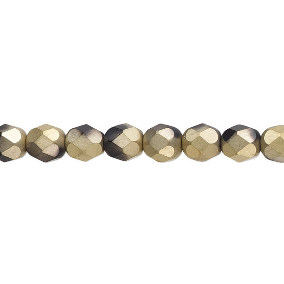 6mm - Czech - Opaque Matte Black Half Coated Gold Amber - Strand (approx 65 beads) - Faceted Round Fire Polished Glass