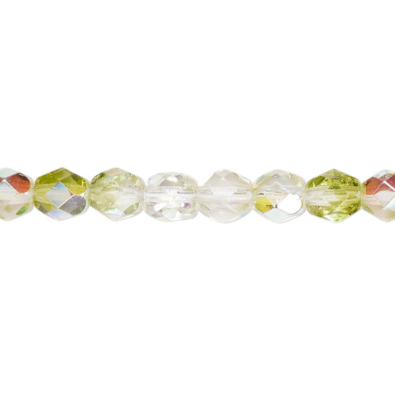 6mm - Czech - Two Tone Transparent Clear & Peridot Green AB - Strand (approx 65 beads) - Faceted Round Fire Polished Glass