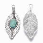 Tibetan Style Alloy Big Pendants, with Synthetic Turquoise, Cadmium Free & Lead Free, Leaf, Antique Silver, 71.5x27x7.5mm, Hole: 3.6mm