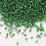 Seed bead, Dyna-Mites™, glass, silver-lined translucent emerald green, #11 round with square hole. Sold per 40-gram pkg.