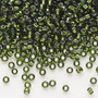 Seed bead, Dyna-Mites™, glass, silver-lined translucent olive green, #8 round. Sold per 40-gram pkg.