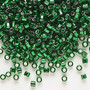Seed bead, Dyna-Mites™, glass, silver-lined translucent emerald green, #8 round with square hole. Sold per 40-gram pkg.