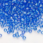 Seed bead, Dyna-Mites™, glass, transparent rainbow medium blue, #6 round. Sold per 40-gram pkg.