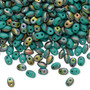 Bead, Preciosa Twin™, Pressed Superduo, Czech pressed glass, matte turquoise green vitrail, 5x2.5mm oval with 2 holes. Sold per 10-gram pkg.