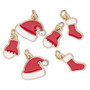 Charm assortment, gold-finished "pewter" (zinc-based alloy) and enamel, white / red / clear, Christmas shapes. Sold per pkg of 6.