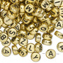 Bead mix, acrylic, opaque gold and black, 7mm double-sided flat round with alphabet letters. Sold per pkg of 200.