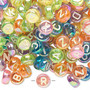 Bead mix, acrylic, translucent mixed rainbow colors AB, 7mm double-sided flat round with alphabet letters. Sold per pkg of 200.