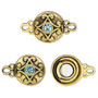 Clasp, magnetic, gold-finished "pewter" (zinc-based alloy) and glass, aqua blue, 12mm double-sided round. Sold per pkg of 2.