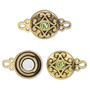 Clasp, magnetic, gold-finished "pewter" (zinc-based alloy) and glass, green, 12mm double-sided round. Sold per pkg of 2.