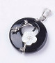 Natural Black Agate Pendant, with Shell, Rhinestone and Platinum Tone Brass Findings, Flat Round with Flower, 35.5~36x28x8mm, Hole: 5x8mm
