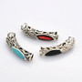 Hollow Thai Sterling Sliver Cloisonne Tube Beads, Antique Silver, Red, 31x8x6mm, Hole: 5mm