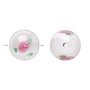 12-13mm - Czech - Op White, Pink Green - 4pk - Round Lampworked Glass with flower Design