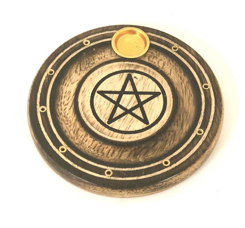 Wooden Round Incense / Cone Burner Painted - Pentacle
