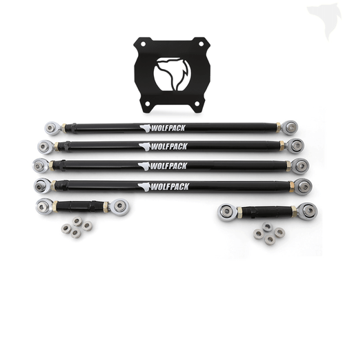 Polaris RZR Chromoly Radius Rod package includes: Radius Rods // Spacers // Rear Plate // Down Links