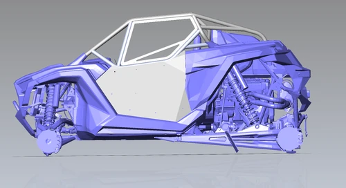 Polaris RZR Pro R 2 seat race cage side view with welded door and door skin installed
