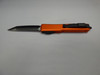 MICROTECH ULTRATECH TANTO EDGED ORANGE STANDARD WITH BLACK BLADE/HARDWARE AND ORANGE HANDLE BLADE EXTENDED CLIP SIDE