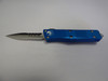 MICROTECH TROODON DOUBLE EDGED BLUE SATIN PARTIAL SERRATED LOGO SIDE