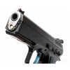 CZ CUSTOM CZ SHADOW 2 BLUE ACCU BUSHING SINGLE ACTION 2023X 9MM LEFT SIDE VIEW FRONT VIEW MUZZLE ANGLE UP CLOSE UP