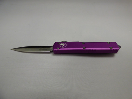 MICROTECH UTX70 DOUBLE EDGE VIOLET SATIN STANDARD SILVER HARDWARE BLADE OUT NON CLIP SIDE