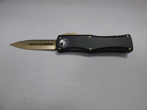 MICROTECH HERA DOUBLE EDGE BRONZE FULL SERRATED WITH BRONZED HARDWARE BLADE OUT NON CLIP SIDE