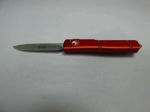 MICROTECH UTX70 SINGLE EDGE RED STONEWASH STANDARD SILVER HARDWARD BLADE OUT NON CLIP SIDE