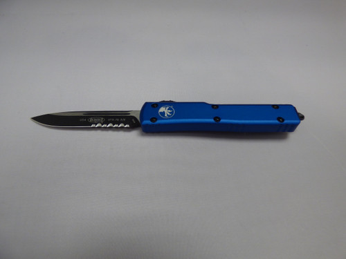 MICROTECH UTX70 SINGLE EDGE BLUE PARTIAL SERRATED BLACK BLADE/HARDWARE BLADE OUT NON CLIP SIDE