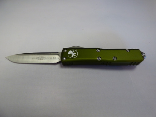 MICROTECH UTX85 SINGLE EDGE OD GREEN SATIN STANDARD SILVER HARDWARE BLADE OUT NON CLIP SIDE