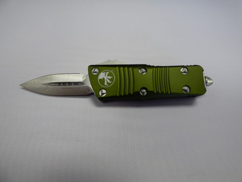 MICROTECH TROODON MINI DOUBLE EDGE OD GREEN SATIN STANDARD LOGO SIDE BLADE OUT