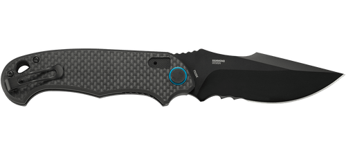 CRKT P.S.D. (PARTICLE SEPARATION DEVICE) BLACK VEFF SERRATIONS RIGHT SIDE VIEW OPEN