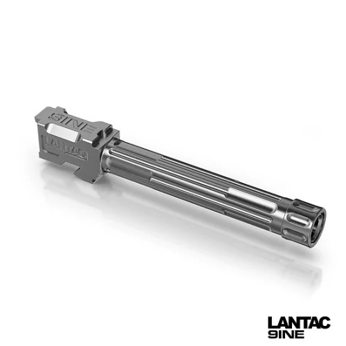 LANTAC GLOCK 9INE G17 THREADED UPGRADE BARREL STAINLESS TOP RIGHT SIDE VIEW FRONT ANGLE THREAD PROTECTOR ON