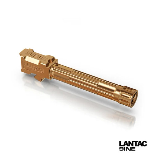 LANTAC GLOCK 9INE G19 THREADED UPGRADE BARREL BRONZE TOP RIGHT SIDE VIEW FRONT ANGLE THREAD PROTECTOR ON