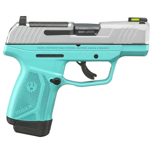 RUGER MAX-9 OPTIC READY THUMB SAFETY TRITIUM FIBER OPTIC TURQUOISE FRAME SILVER SLIDE 9MM RIGHT SIDE VIEW