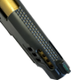 STACCATO P OPTIC READY CUSTOM TITANIUM NITRIDE GOLD BULL BARREL TACTICAL TEXTURE GRIP RIGHT SIDE VIEW TOP ANGLE PORTS AND MACHINE WORK CLOSE UP