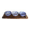 PLAT10 Wooden Tray 3 Ceramic Blue Pattern Bowls