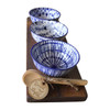 PLAT10 Wooden Tray 3 Ceramic Blue Pattern Bowls