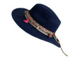 A220365B Weaved Hat - Deep Blue, Colourful Belt Pompoms