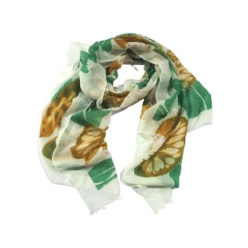 QQC2AA Polyester Green Scarf - Large Leaves Pattern