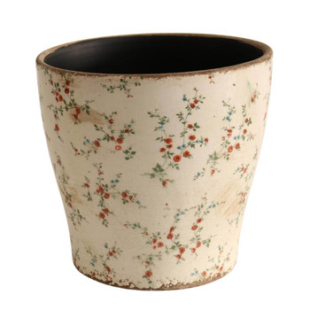 T01GS1 Off White Pot Planter - Red Flowers And Greem Vines