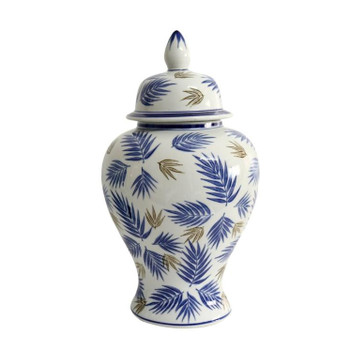 W21119L Large White Ceramic Jar - Blue And Brown Palm Leaves