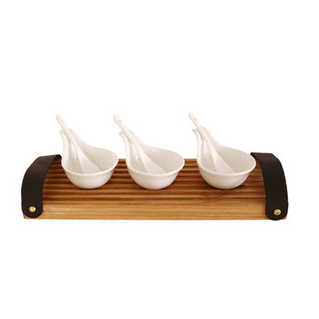 GTRAY4 Groove Tray - White Sauce Bowls And Leather Handles