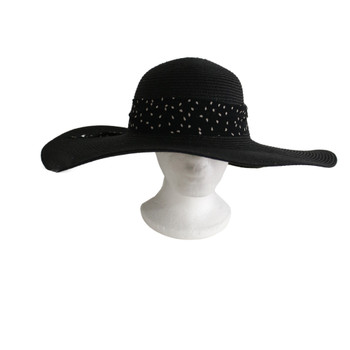 A220252B Weaved Hat - Black And Speckled White Ribbon