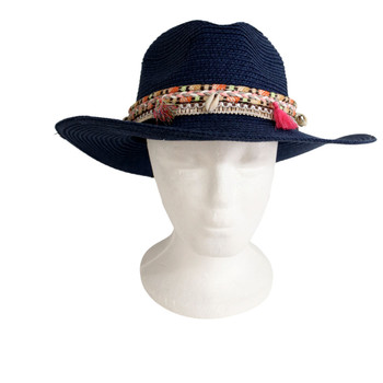 A220365B Weaved Hat - Deep Blue, Colourful Belt Pompoms