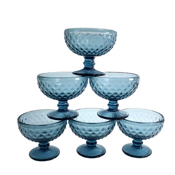 BOWL051C Diamond Pattern Glass Bowl (Set of 6) - Deep Blue