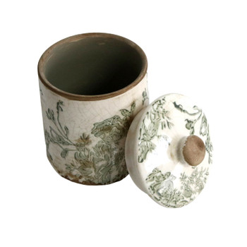 D975G022 Ceramic Lidded Pot - Green Leaves And Flowers